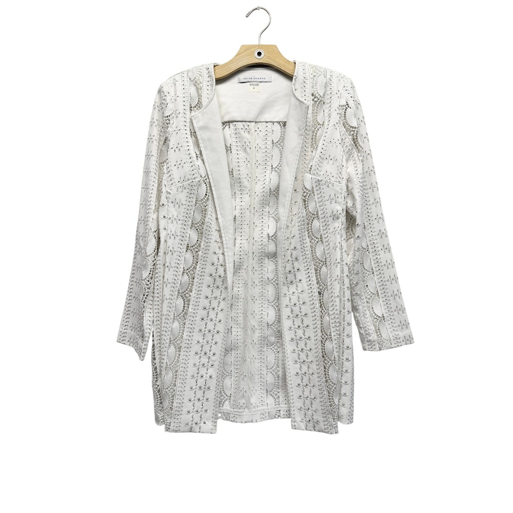 NWT Peter Nygard Womens White Eyelet Faux Leather Open Front Jacket Size 8
